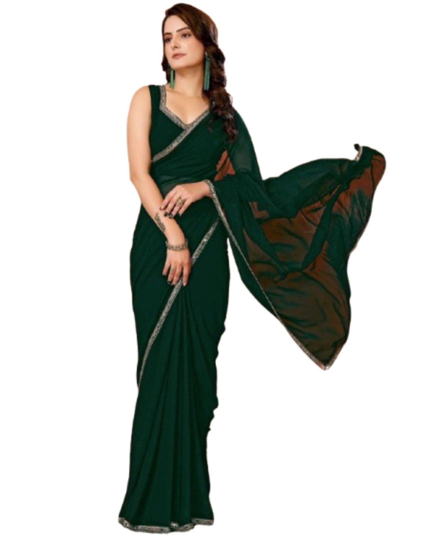 SIRIL Women's Georgette Mirror Work Lace Saree with Unstitched blouse Piece (4255S665_Dark Green)