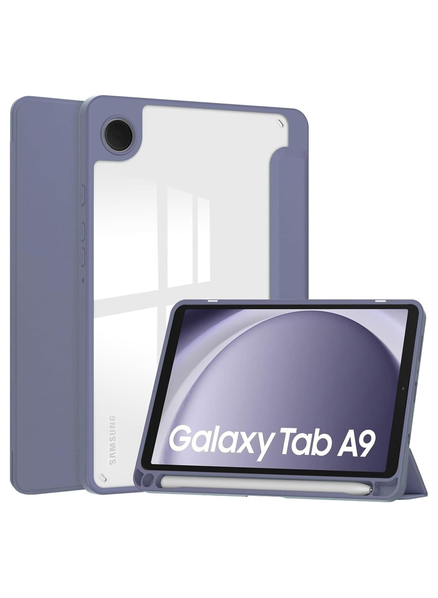 Hybrid Slim Case with Pen Holder for Samsung Galaxy Tab A9 8.7 Inch 2023 Model (SM-X110/X115/X117) ,A11 / A9 8.7 Inch 2025/2023,Clear Transparent Back Shell, Lavender Lavender