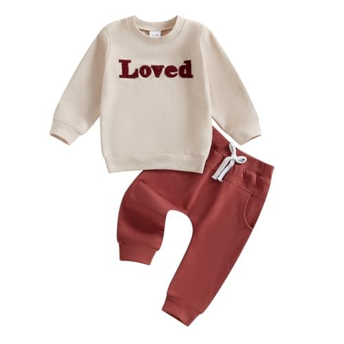 Gueuusu Toddler Baby Boy Girl Spring Fall Clothes Long Sleeve Loved Embroidery Sweatshirt Red Pants Set Valentines Outfit (Red, 2-3T)