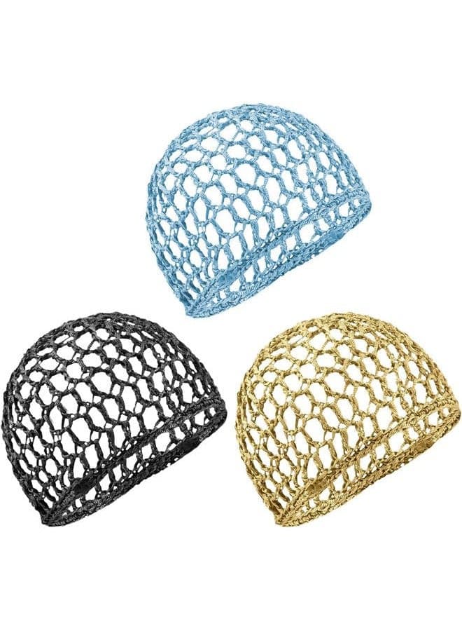 , 3 Pack Mesh Crochet Hair Net Rayon Knit Snoods Hat Thick Hairnet Snood Cover Ornament for Night Sleeping Accessories (Blue & Black Khaki)