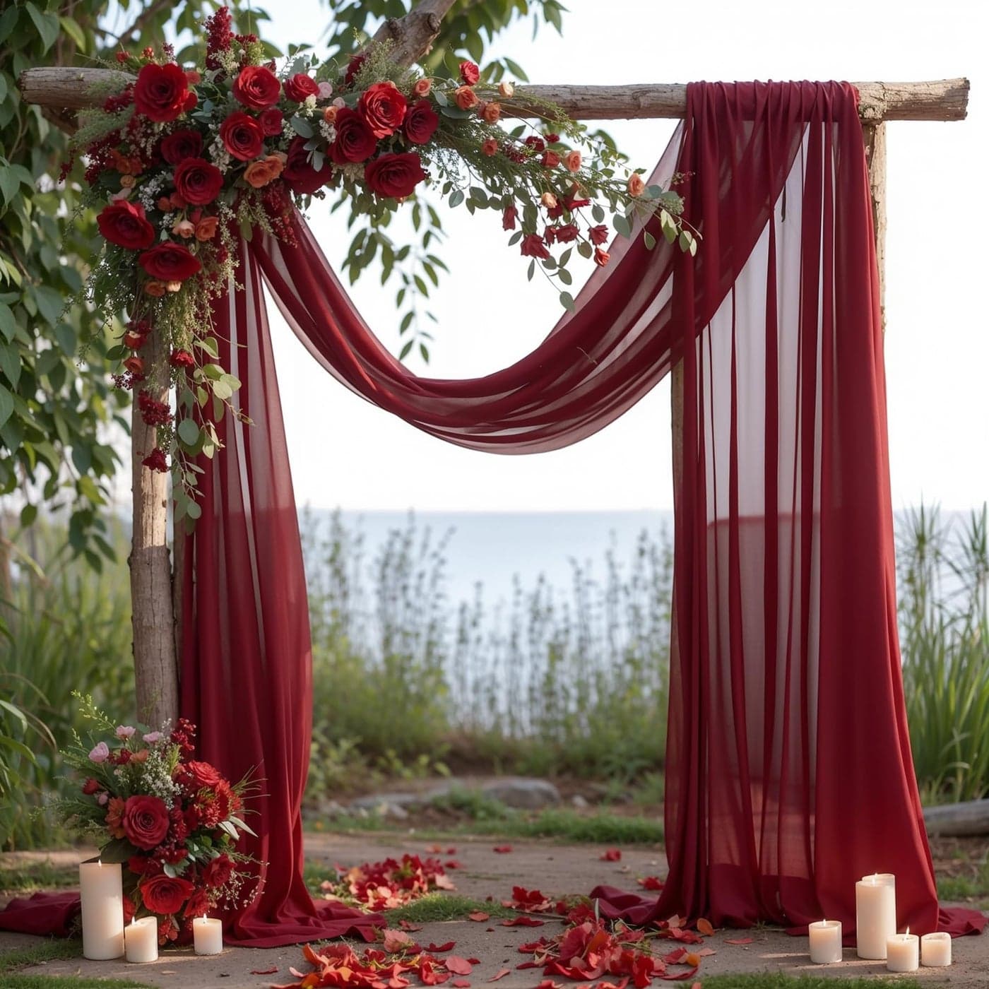 Wedding Arch Draping Fabric 2 Panels 18FT Burgundy Sheer Backdrop Curtain Chiffon Fabric Drapery Sheer Voile Scarf Draping Panels for Wedding Archway Ceremony Curtain Valance Party Decoration