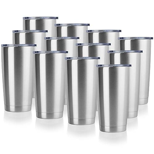 DOMICARE 20oz Stainless Steel Tumbler Bulk with Lid Double Wall Vacuum Insulated Travel Mug Powder Coated Coffee Cup Stainless Steel 12 Pack
