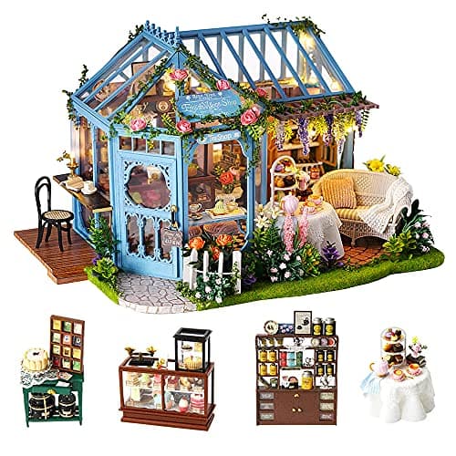 TuKIIE DIY Miniature Dollhouse Furniture Kit 124 Scale Creative Room Wooden Doll House Accessories Plus Dust Proof Music Movement for Kids Teens AdultsRose Garden Tea House