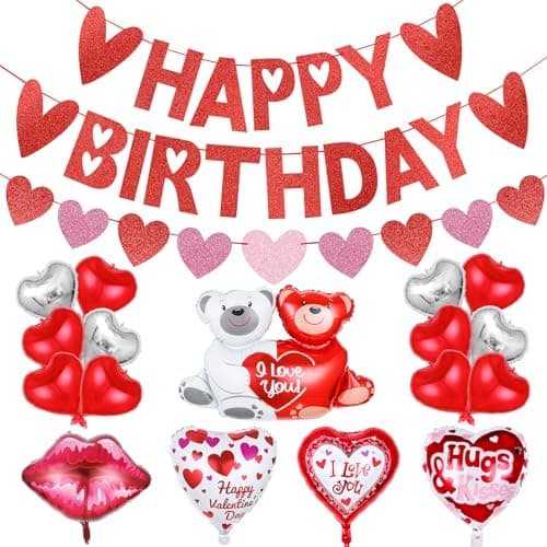 Red Glitter Happy Birthday Valentines Banner and Valentines Heart Garland Valentines Day Foil Balloons Valentines Day Birthday Banner for Valentines Day Birthday Party Decorations