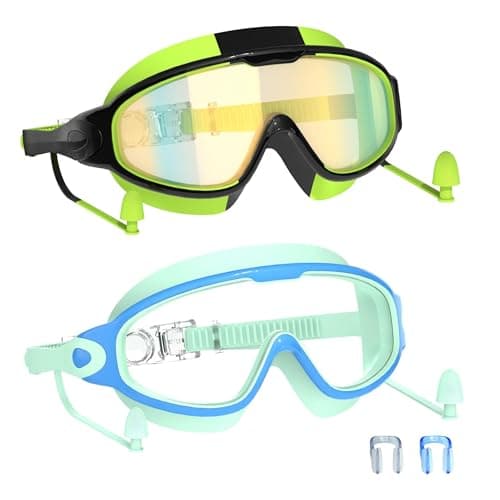 YLKJSWIM Swim Goggles for Kids 3-15 with Earplugs Large Frame Anti-Fog/UV Swimming Goggles for Boys Girls Toddler 2PCS (Green Black+Blue New)