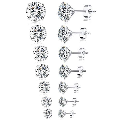 Tornito 7 Pairs 20G Stainless Steel Stud Earrings Round Cubic Zirconia Barbell Earring Set For Men Women 2MM-8MM Silver Tone