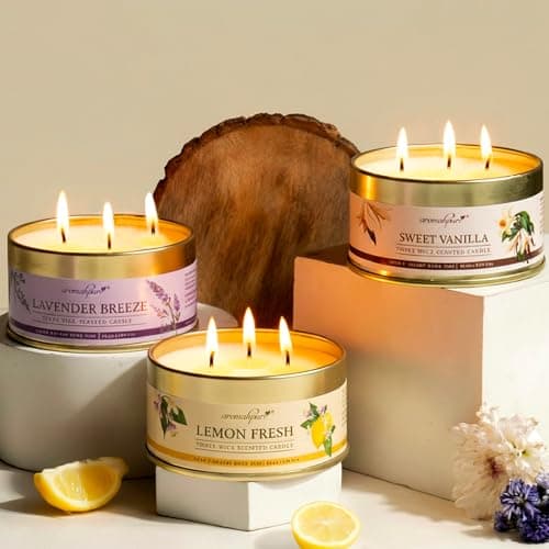 Aromahpure Lavender 3 Wick Candle in Container with Lid Pack of 3 | 85g Each | Burn Time 7 Hours Each | Scented Candle | Relaxing Aromatherapy Candles for Home Décor, Gifting, Bedroom & Spa