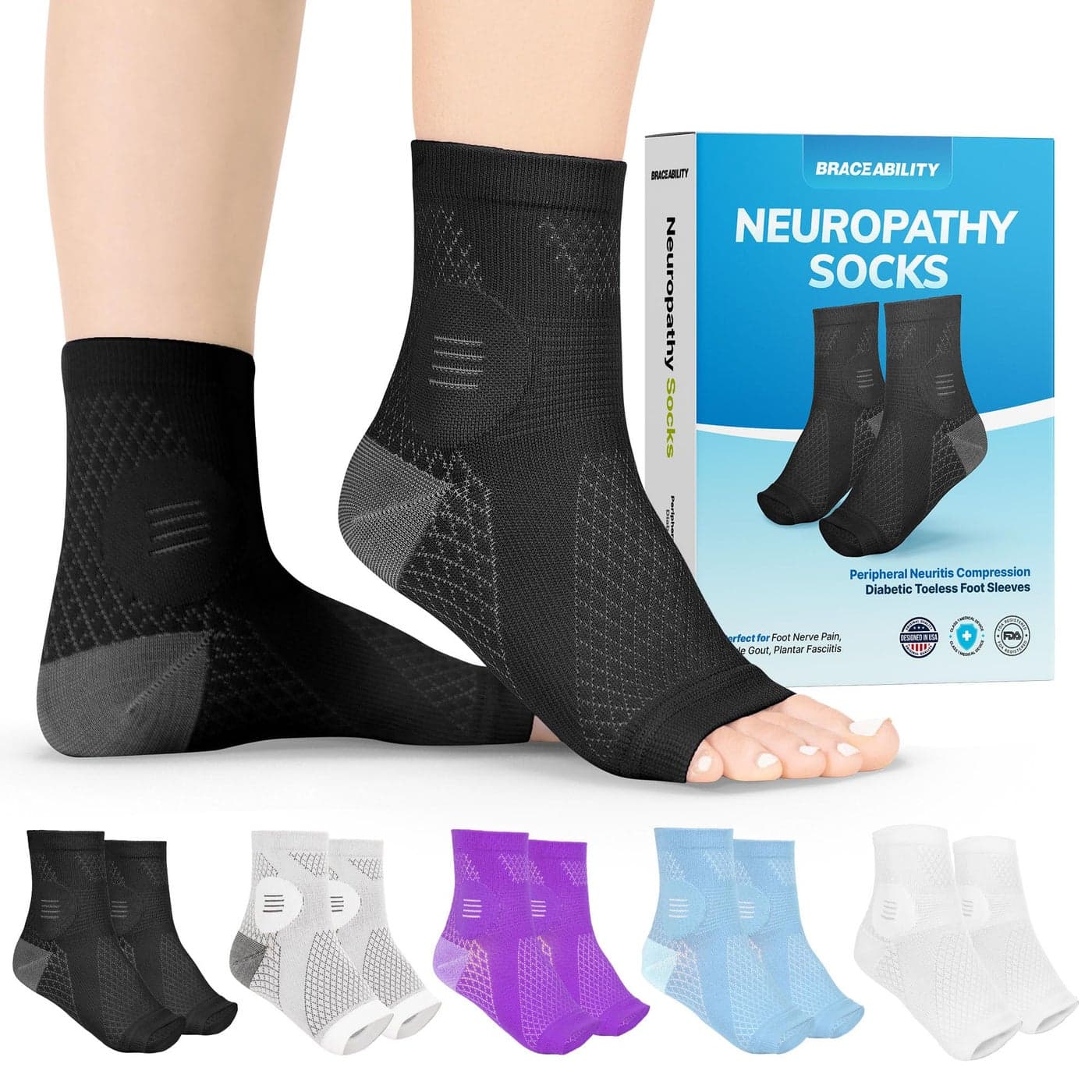 BraceAbility Neuropathy Socks Pair Peripheral Neuritis Compression Diabetic Toeless Foot Sleeves for Nerve Damage Pain in Feet Ankle Gout Plantar Fasciitis Relief Brace for Men and Women L Black