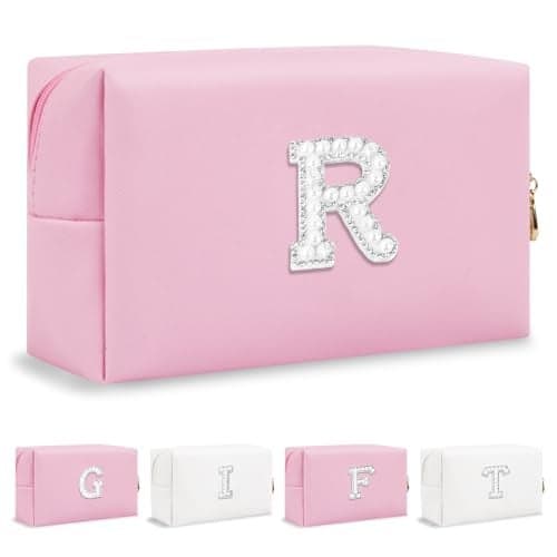Personalized Birthday Gifts Initial Letter Makeup Bag for Women,Pearl Rhinestone Patch Cosmetic Bag Toiletry Bag,Pink Cute Preppy Make Up Bag,Monogram Christmas Gift for Teen Girls Mom Friend Wife,R