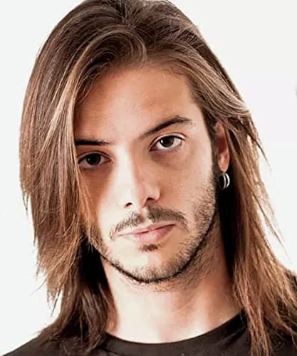 Tseses Mens Long Brown Wig Straight Brown Side Part Wig Synthetic Heat Resistant Hair Wigs Male Guys Daily Party Costume