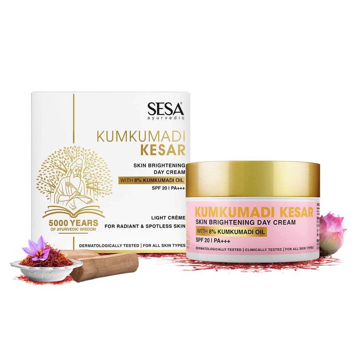 SESA 8 Kumkumadi Kesar Day Cream SPF 20 PA Skin Brightening Ayurvedic Face Moisturizer Face Cream Sun Damage Hydrating with Saffron Lotus Sandalwood for Woman and Men 50 gm or 169 oz