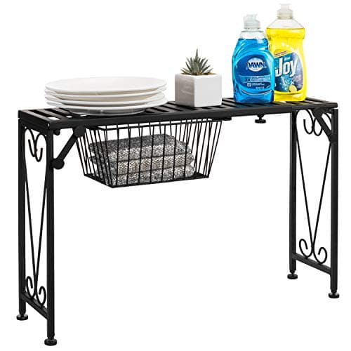 MyGift Black Metal Over the Sink Organizer Shelf with Pull Out Drawer, Expandable Kitchen Caddy Rack, Bathroom Storage Shelf Riser with Scrollwork Design