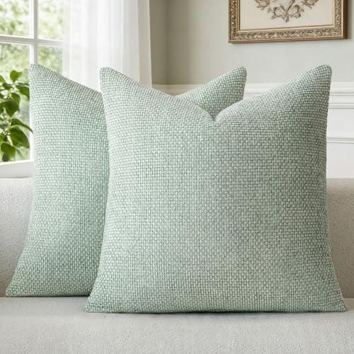 a moment Light Green Chenille Throw Pillow Covers 20x20 Inch Pack of 2 Modern Decorative Throw Pillow Covers Farmhouse Cross Covers Home Decor for Sofa Bedroom Living Room Spring