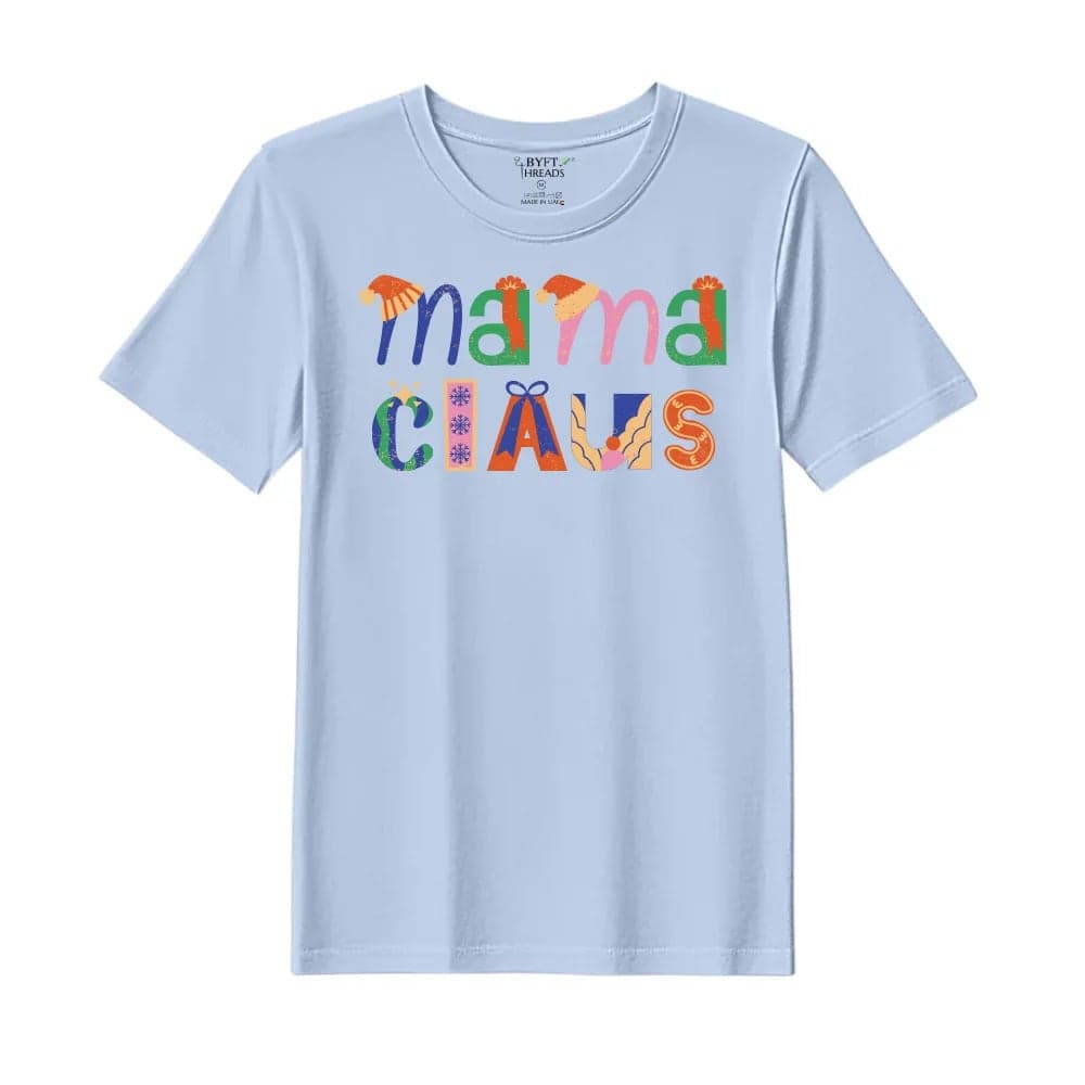 BYFT Threads XL Sky Blue Polycotton T-Shirt - Christmas "Mama Claus" Printed Design, Premium Holiday Collection