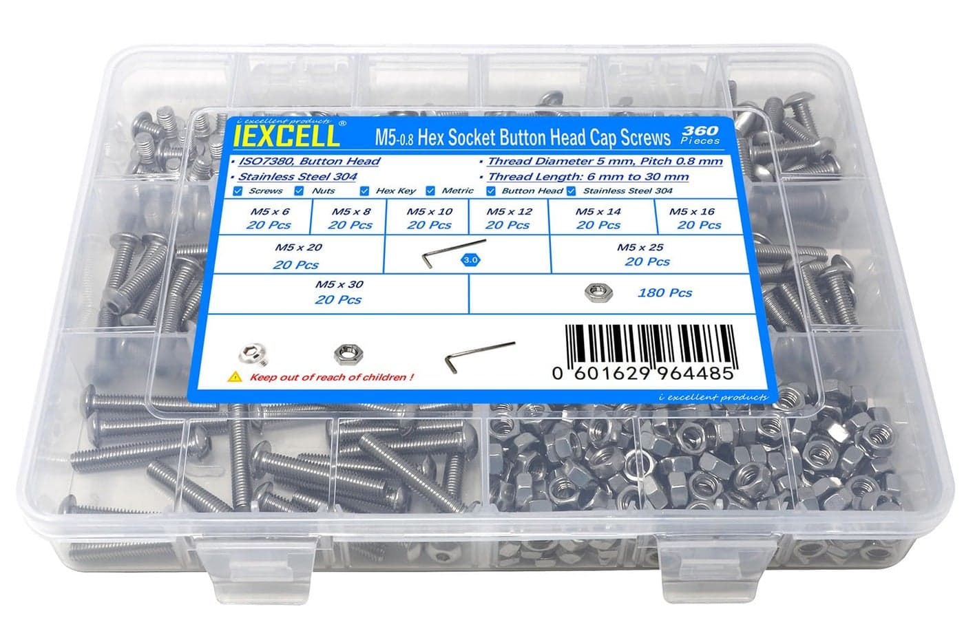iexcell 360 Pcs M5 x 6810121416202530 Stainless Steel 304 Hex Socket Button Head Cap Screws Bolts Nuts Assortment Kit