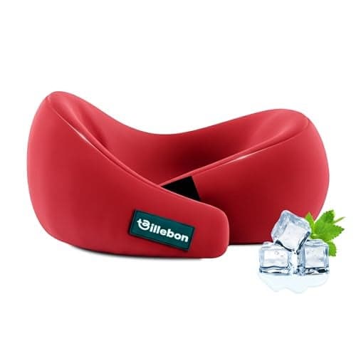 Billebon Gel Infused Memory Foam Neck Pillow, Travel Pillow with Adjustable Velcro Straps, Neck Pillow for Travelling & Flight Travel, Ergonomic Support for Comfort & Pain Relief (Red)