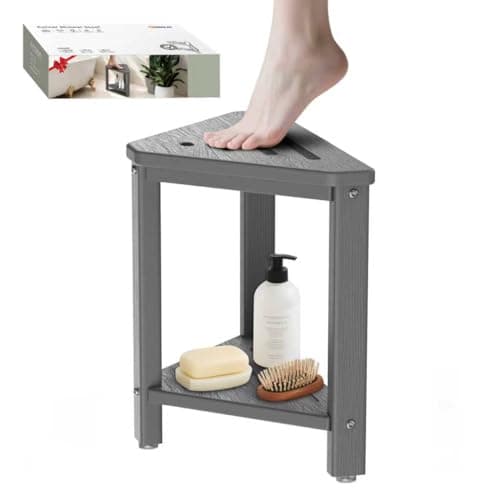 Shower Foot Rest 15in, HDPE Waterproof Shower Stool for Inside Shower, Corner Shower Stool for Shaving Legs with Storage Shelf for Small Space, Shower Step Stool, Plastic Corner Shower Bench, Grey