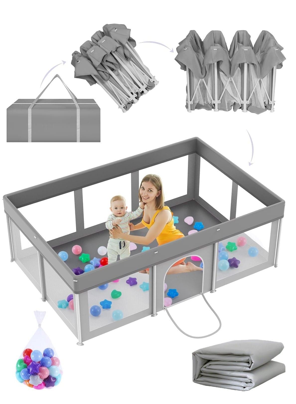 Foldable Baby Playpen, Playard for Babies and Toddlers, Portable Safety Baby Fence Lightweight,No Installation, Indoor & Outdoor Playpen with Carry Bag and Mat, with Ocean Balls*20, 127*180*66 cm Light Grey