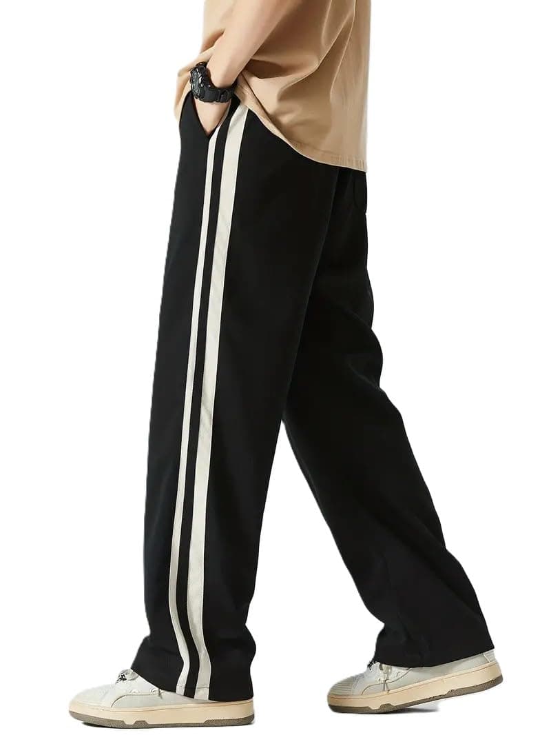Men's Athletic Track Pants with Side Stripes and Loose fit || Regular Track Pant,Black with White Stripe|| Straight Leg || Casual Sports Trousers (in, Alpha, XL, Regular, Black)