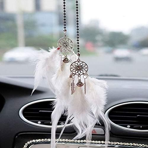 Car Rear View Mirror Hanging Pendant Feather Dream Catcher Crystal Charm Bling Car Deco Accessories for Women White