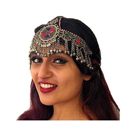 Duel On Jewel Ertuğrul Halima Turkish Kayi Tribal Afghan Kuchi Headpiece with Antique Finish Beads, Multicolor Stones, and Medallion Centerpiece - Costume Party Belly Dancing Gifts - Turkman Afghan