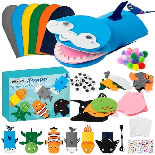 WATINC 6Pcs Hand Puppet Making Kit Art Craft Felt Sock Puppet Toys Creative DIY Make Your Own Pompoms Wiggle Googly Eyes Storytelling Role Play Party Supplies Gift for Girls Boys Ocean Animals