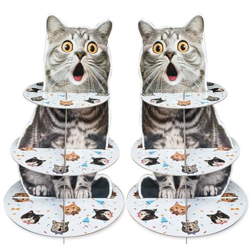 2 Pack Cat Cupcake Stand Birthday Party Decorations Supplies, Cat 3 Tier Cardboard Cupcake Stand Cup Cake Tower Display Dessert Holder Set for Birthday Party Decor Supplies Favors