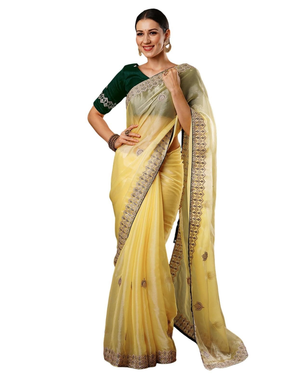 Satrani Women's Tissue Silk Embroidery Saree with Unstitched Blouse Piece (3920S255N_Yellow)