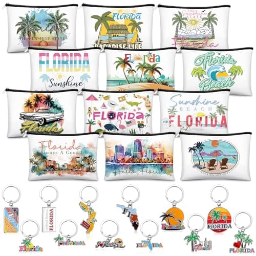 Reginary 24 Pcs State Souvenir Gifts 12 Metal Keychain 12 Cosmetic Bag USA Souvenir Themed Gifts for Traveler Christmas PartyFlorida