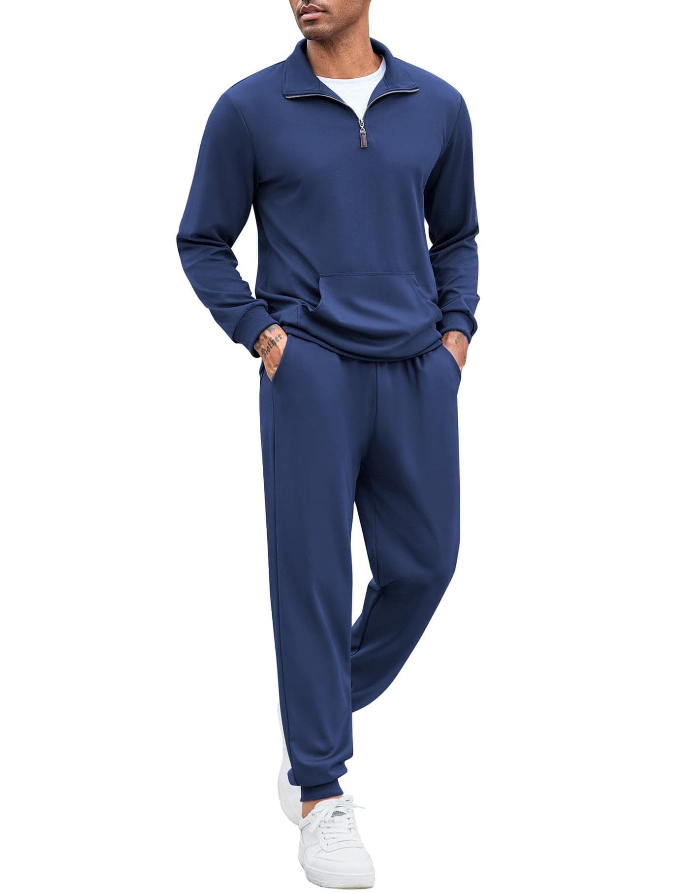 COOFANDY Sweatsuits for Men Long Sleeve 2 Piece Quarter Zip Polo Suit Running Sets Navy Blue M