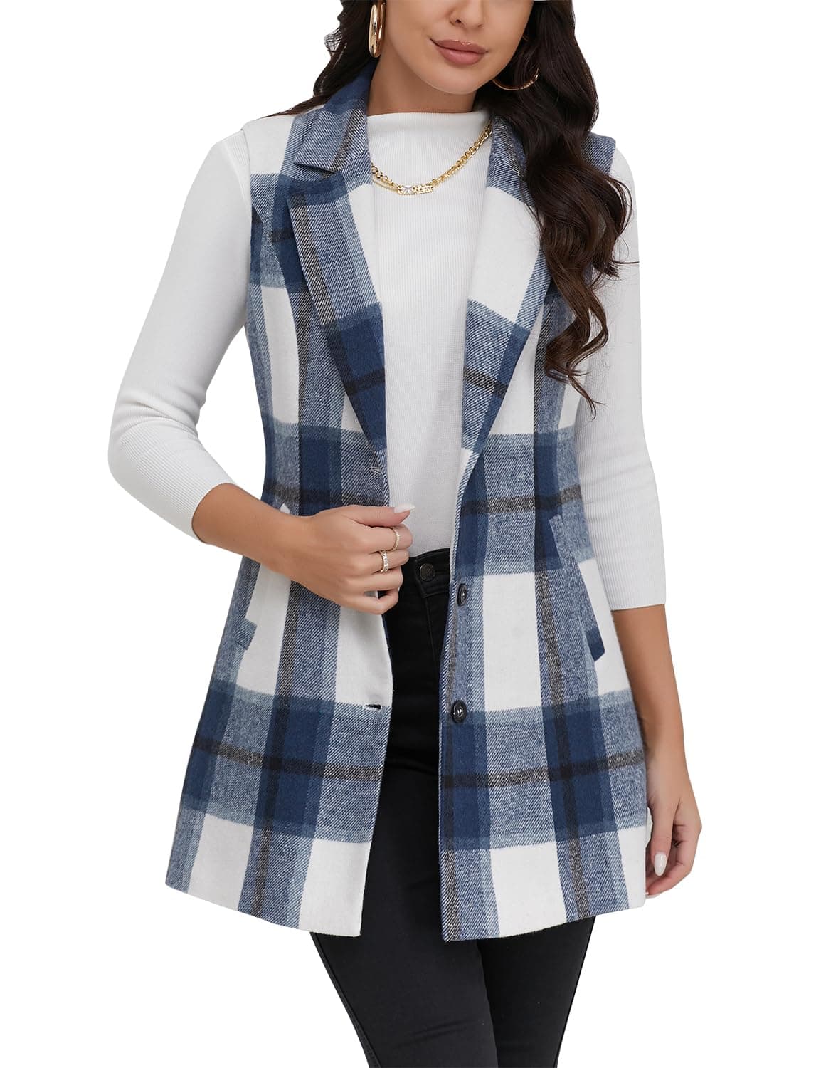 IDEALSANXUN Plaid Vest for Women Outerwear Fall Fashion 2025 Outfits Clothes Long Vest Sleeveless Blazer Jackets Cardigan Wool Winter Coat Business Casual Outfits Office Work Tops Navy S