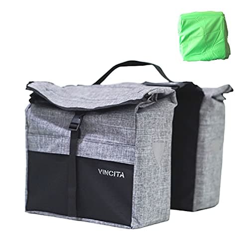 Vincita Top Load Double Pannier Water Resistant Cycling Side Bags - With Rain Cover, Large, Carrying Handle, Reflective Spots - Bike Rack Carrier Saddle Bag - Bicycle Accessories (Black/Gray)