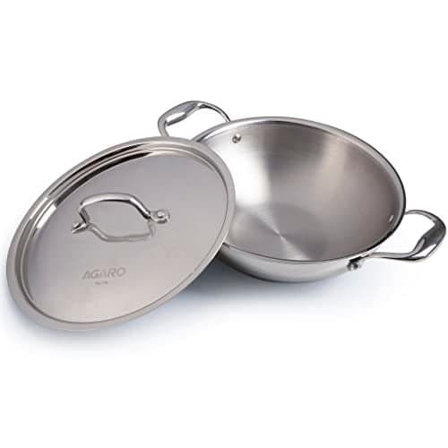 AGARO Regency Tri-Ply Steel Kadai, 2.75L Capacity, 26 cm Diameter, Stainless Steel, Riveted Handle, Food Safe, Gas Oven and Induction Oven Compatible, Cooking, Frying, Serving, Silver