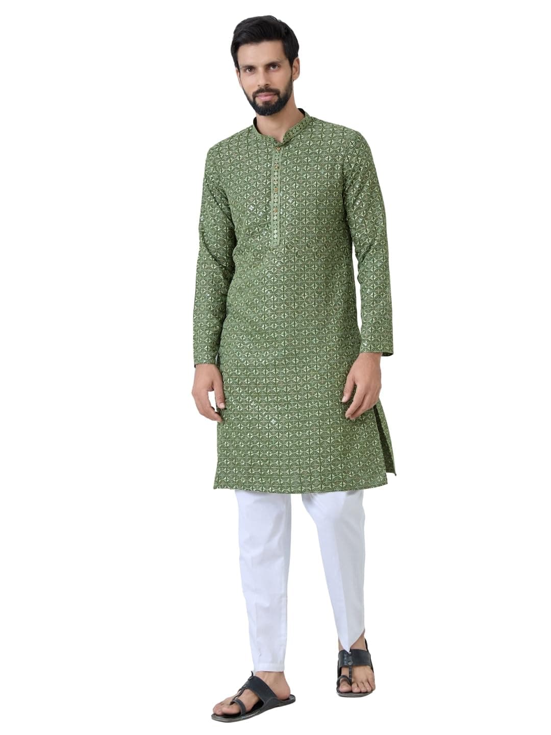 See Designs Men's Full Sleeve Mandarin Collar Men Green Embroidered Mandarin Collar Straight Long Kurta with Pyjama - Festive Collection | - SDKT289701L