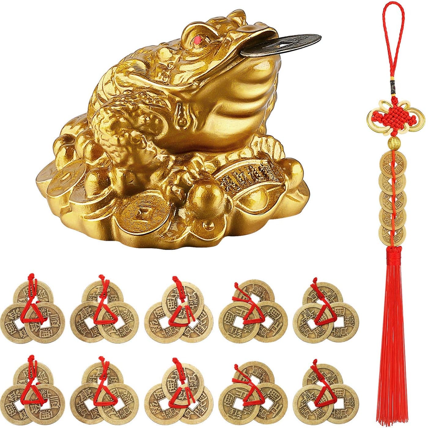 Chuangdi Feng Shui Money Frog Fortune Coin Money Three Legged Statue 10 Pieces Chinese Feng Shui Coins with Red String Chinese Knot Lucky Gifts for Attracting Wealth Success