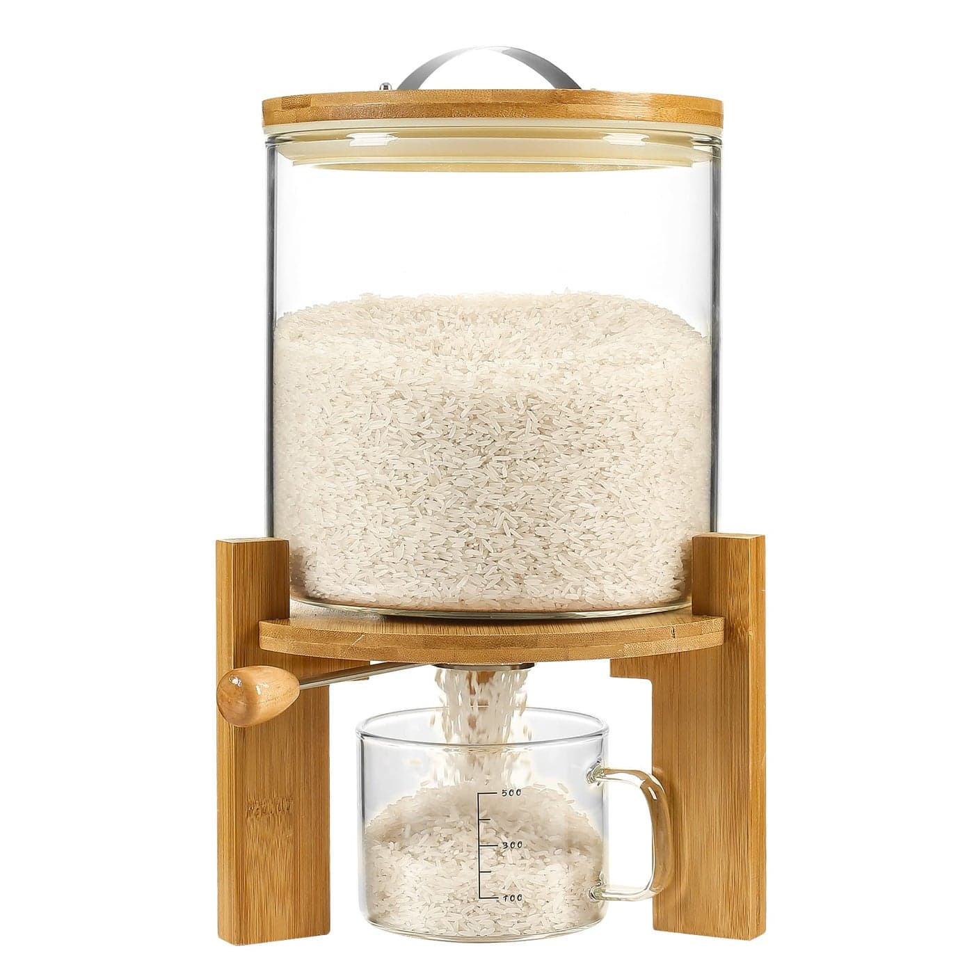 Vuinop Rice Dispenser Rice Storage ContainerFlour and Cereal Container with Airtight Lid and Wooden Stand Glass Food Storge Container for Kitchen Organization and Pantry Store 5L