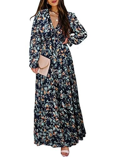 BLENCOT Women's Casual Boho Floral Printed Deep V Neck Loose Long Sleeve Long Evening Dress Ruched Cocktail Party Maxi Wedding Dress Navy Medium