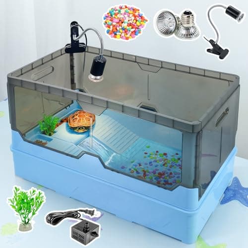 RunDuck Turtle Habitat Tank Kit– Fresh Filtration, Waterplay Fun, Diverse Living, Heat Lamp, Water Pump and Convenient Water Changes in Turtle cage Tanks (Blue, XL)