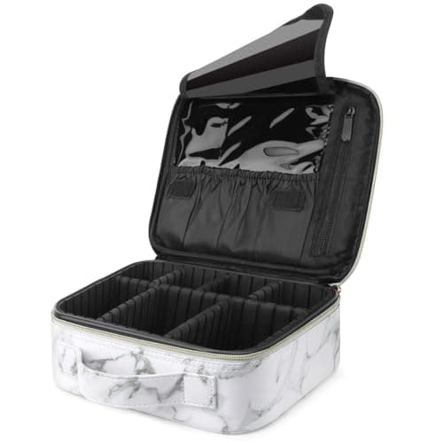 SHAMAX® Professional Cosmetic Bag Makeup Organizer Bag for Home & Travel, Vanity Box with Dividers for Brushes, Cosmetic Storage Bag for Women Customizable Compartments, 26x23x9 cm- White Marble