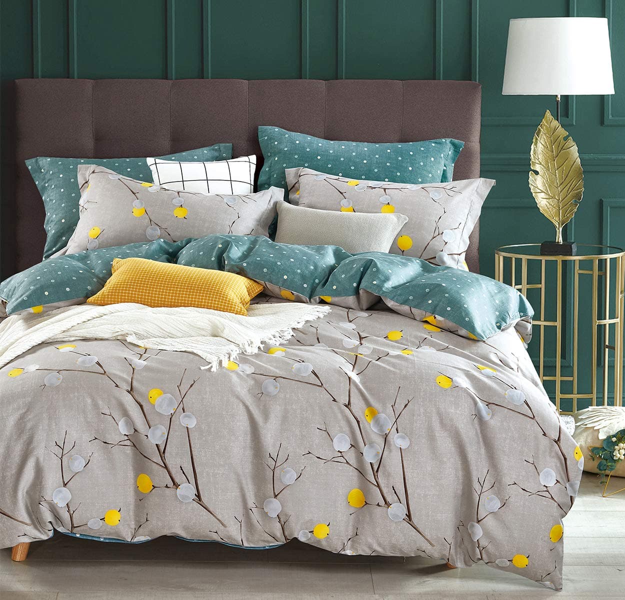 SLEEPBELLA Comforter King Size 600 Thread Count Cotton Grey Branch with Yellow Turquoise Polka Dot Pattern Green Reversible Comforter SetDown Alternative Bedding Set 3PcsKing Grey Branch