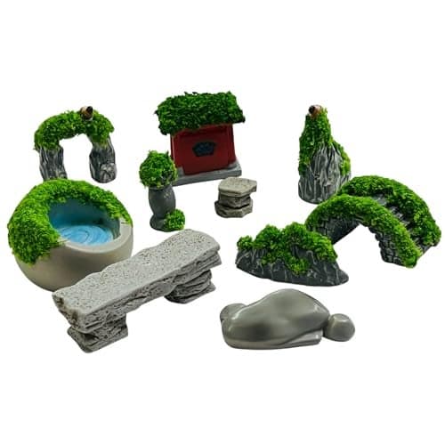 Krisah Miniature Garden Decor Set, 10 Pieces Resin Landscape Elements with Artificial Grass, for Terrarium and Desktop Decoration, Multicolour