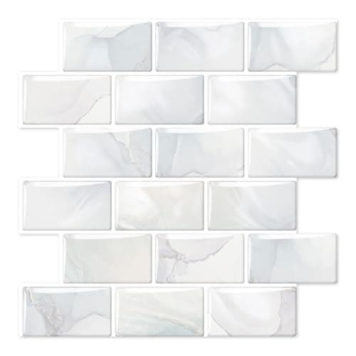 Tretizl 10 Sheets Thicker Design Peel and Stick Backsplash, 12"x12" Peel and Stick Wall Tiles, Subway Look Marble Tiles Backsplash for Kitchen and Bathroom, Light Gray Veins
