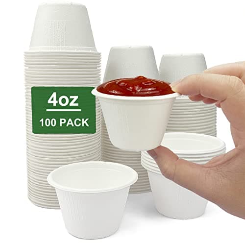 CAMKYDE 4 oz Disposable Bagasse Fiber Souffle Cups 100pk 100 Natural Biodegradable Compostable Condiment Cups Sample Cup Tasting Cup White Pack of 100