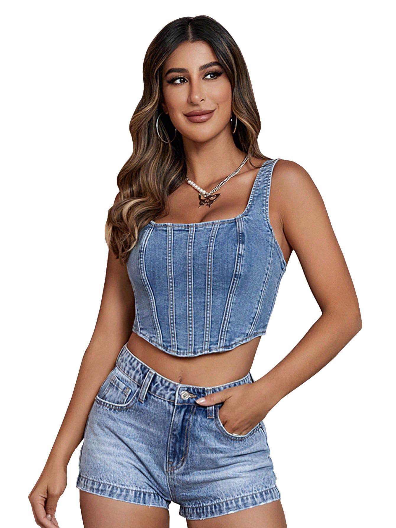 Shasmi Women's Top |Denim Crop top for Women | Sleeveless Corset Style | Square Neck with a Close-Fitted Bodice Style | Perfect with high-Waisted Bottoms | Bralette Blouse (158_Sky Blue_2XL)