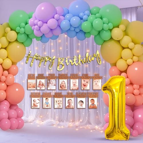 Party Propz Rainbow Birthday Decoration Kit - 60 Pcs First Birthdays Decorations Girl Combo with 1-12 Month Photo Frame Banner, 1st Birthday Decoration Kit For Girls with Net Curtain (Cardstock)