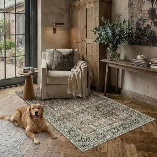PureCozy Vintage Area Rug 3x5 Brown Entryway Office Washable Carpet Non Slip Bedroom Indoor Living Room Door Mat Low Pile Traditional Distressed Retro Accent Rug for Dining Room Bathroom Kitchen
