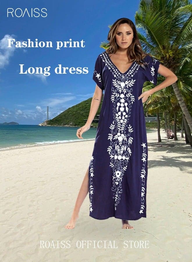 Women Long Swimsuit Cover up Floral Embroidered Beach Blouse Beachwear Bohemian Robe Ladies Loose Dress Casual Large Size Swim Sunscreen for Summer Dark Blue