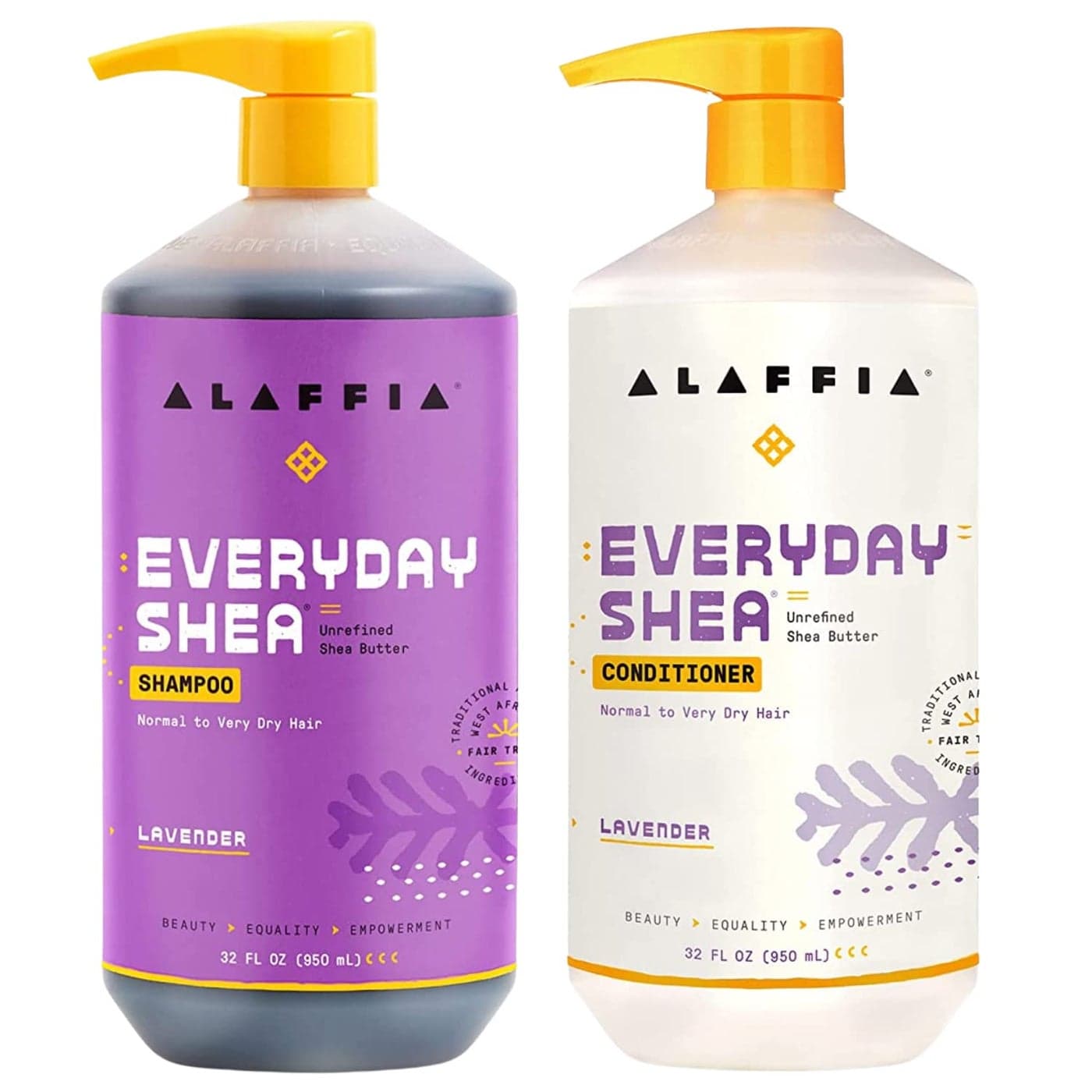 Alaffia EveryDay Shea Shampoo and Conditioner Normal to Very Dry Hair Cleans and Protects Supports Balance pH for Luxurious Locks with Shea Butter and Coconut Oil Lavender 32 Oz Each