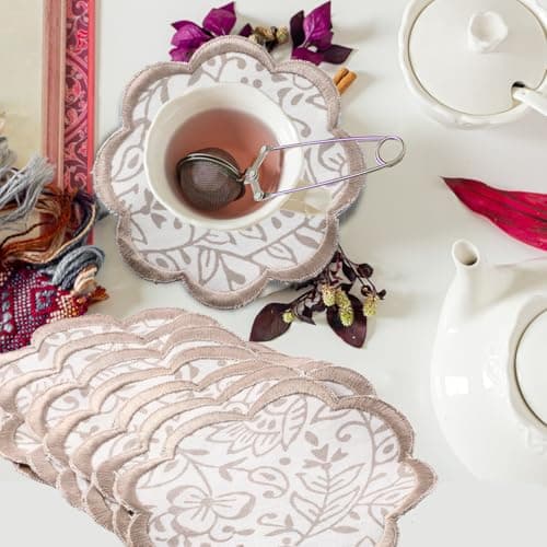 Ridhi Hand Block Print 8- pcs Canvas Cotton Drink Absorbent Stylish Embroidery Scallop Coaster Set Boho Modern Home Decor and Wooden Table Protection 5 inch Taupe Jal