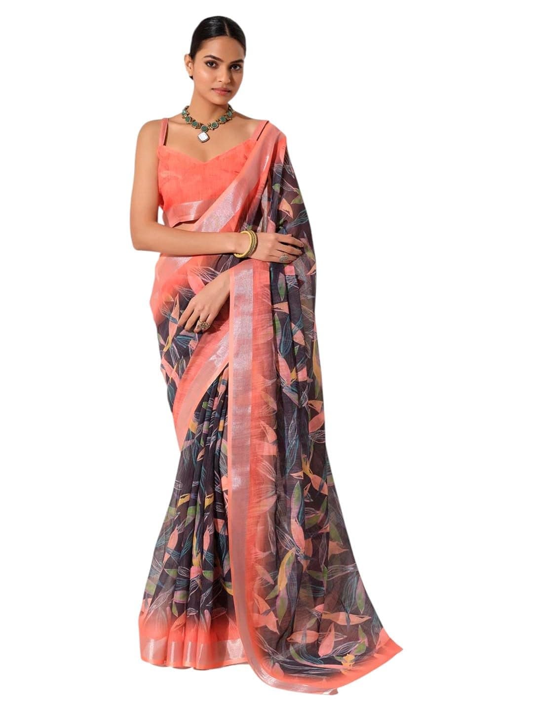 Kalaanj Women Multicolour Printed Bollywood Cotton Blend Saree, Multi Colour 5